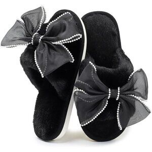 Women's Cute Black Bow Open Toe Fuzzy House Memory Foam Off Slippers Shoes